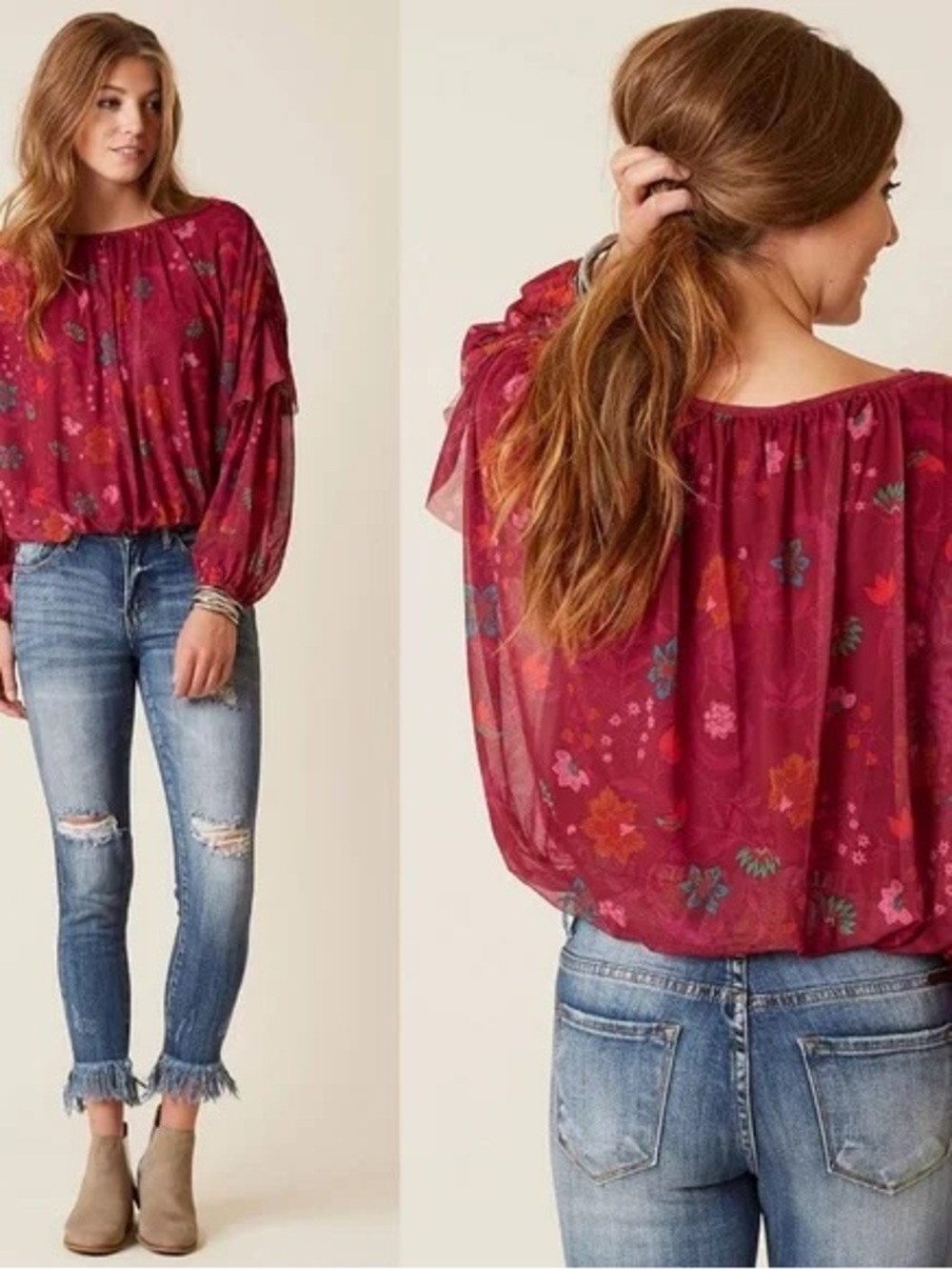Free People Floral Burgundy Peasant Top